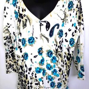VERVE FULL Blue White Floral Beaded Sweater L‎ New no Tags